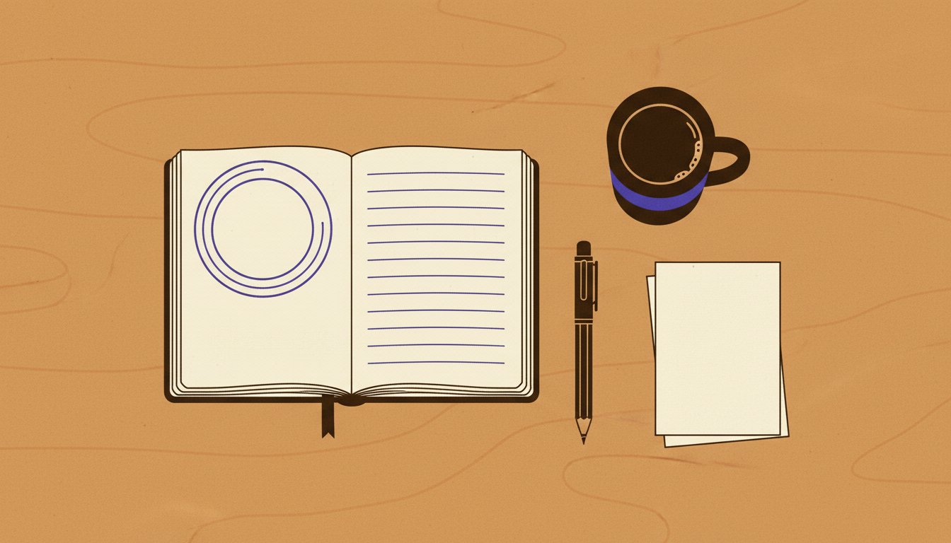 Illustration of a home office desk with an open notebook showing three circled entries beside a coffee mug, a pencil and a stack of blank paper.