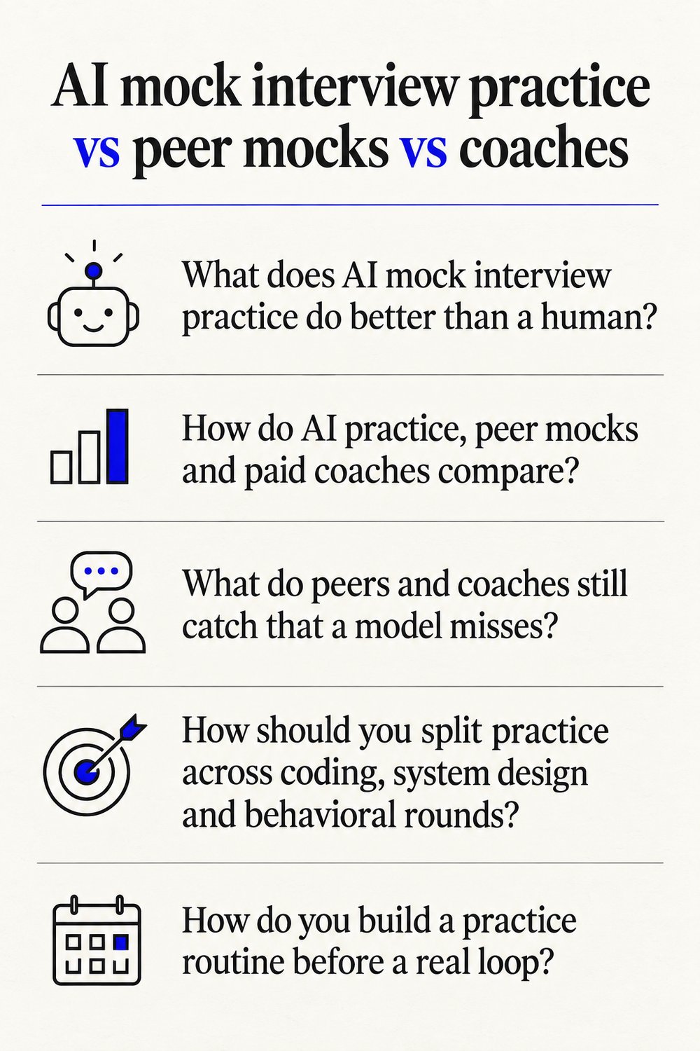 AI mock interview practice vs peer mocks vs coaches - at a glance