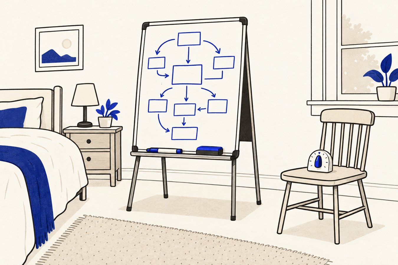 A whiteboard easel in a spare room showing a sketched boxes-and-arrows diagram, with a marker, an eraser and a kitchen timer nearby.