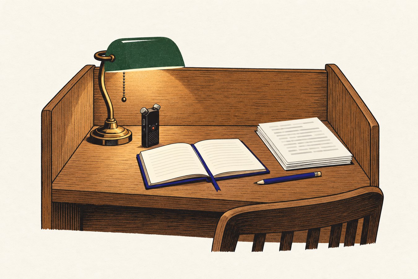 A handheld audio recorder beside an open notebook, a pencil and printed pages on a wooden library study carrel lit by a desk lamp.
