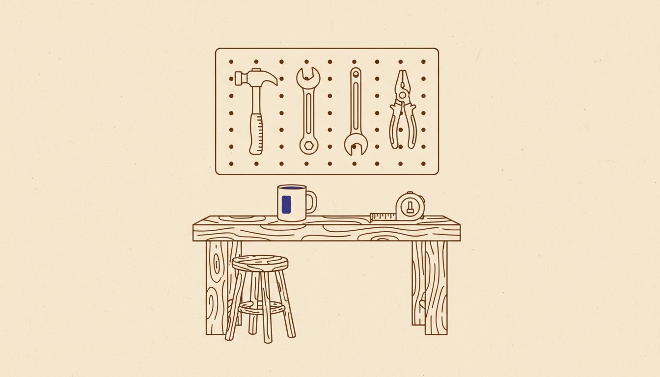Illustration of four different hand tools hanging in a row on a workshop pegboard above a wooden bench with a stool and a mug.