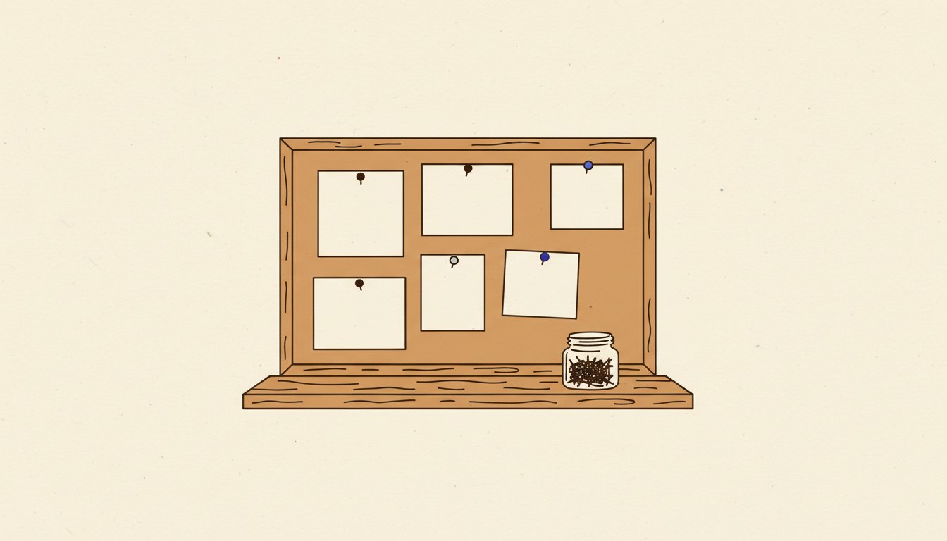 A cork bulletin board covered with blank pinned notice cards, one card set apart with a red pushpin, above a wooden ledge holding a jar of pushpins.