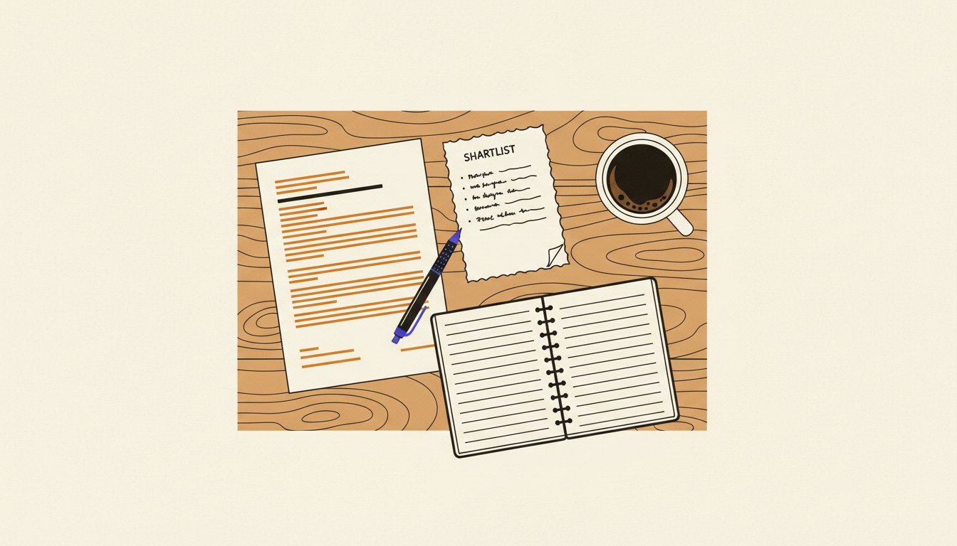 A printed resume beside a handwritten shortlist on a wooden desk with a pen, notebook and coffee mug.