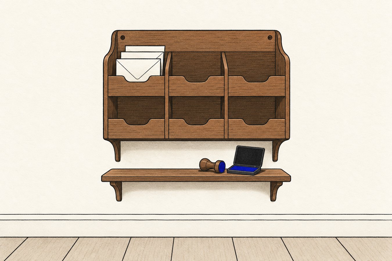 A wooden mail sorting rack in a hallway holds three envelopes in a single slot, with a rubber stamp and ink pad on the shelf beneath it.