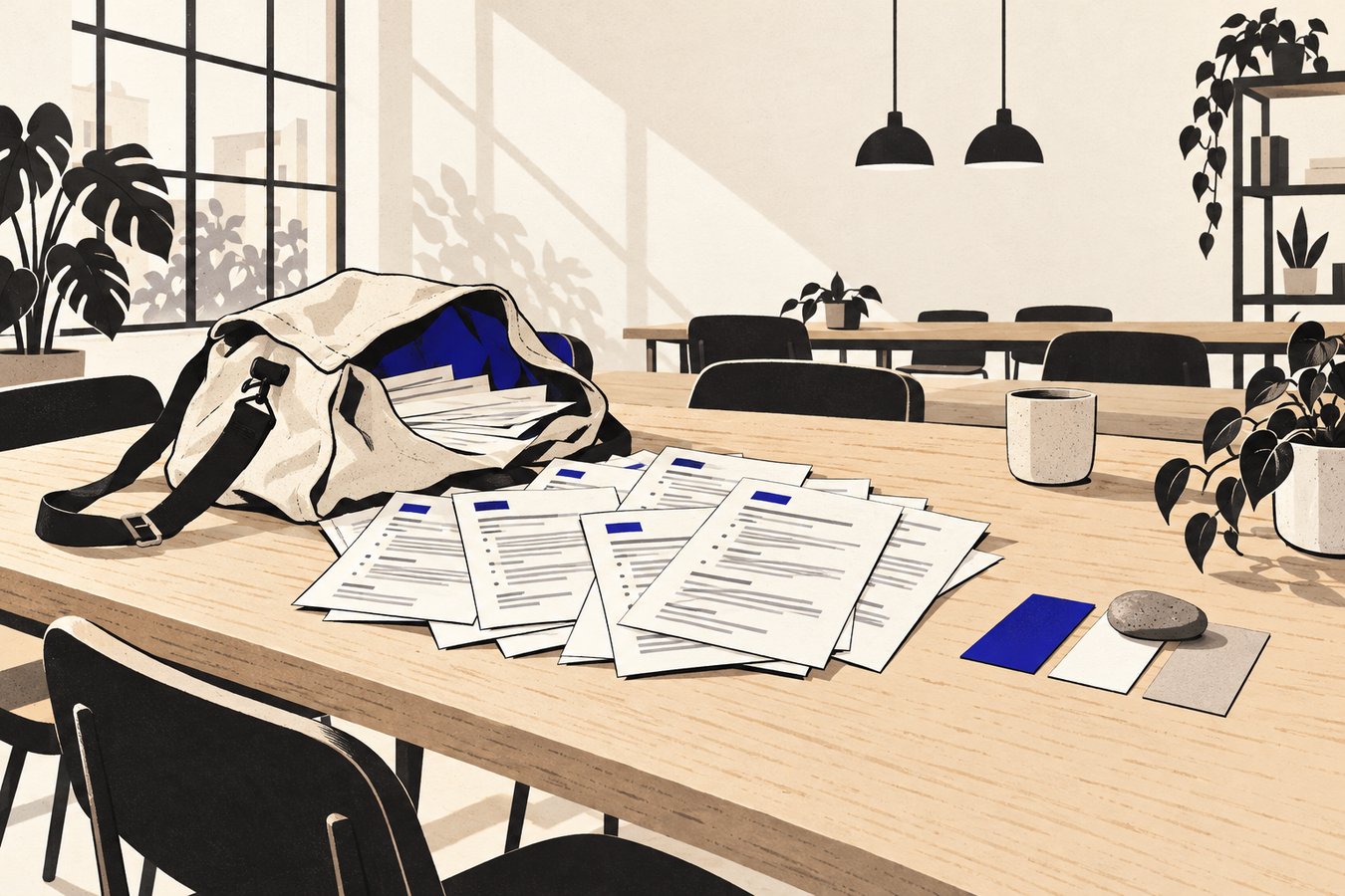 A co-working table holding a canvas messenger bag, a fanned stack of printed listings, and three cards set apart under a small gray stone.