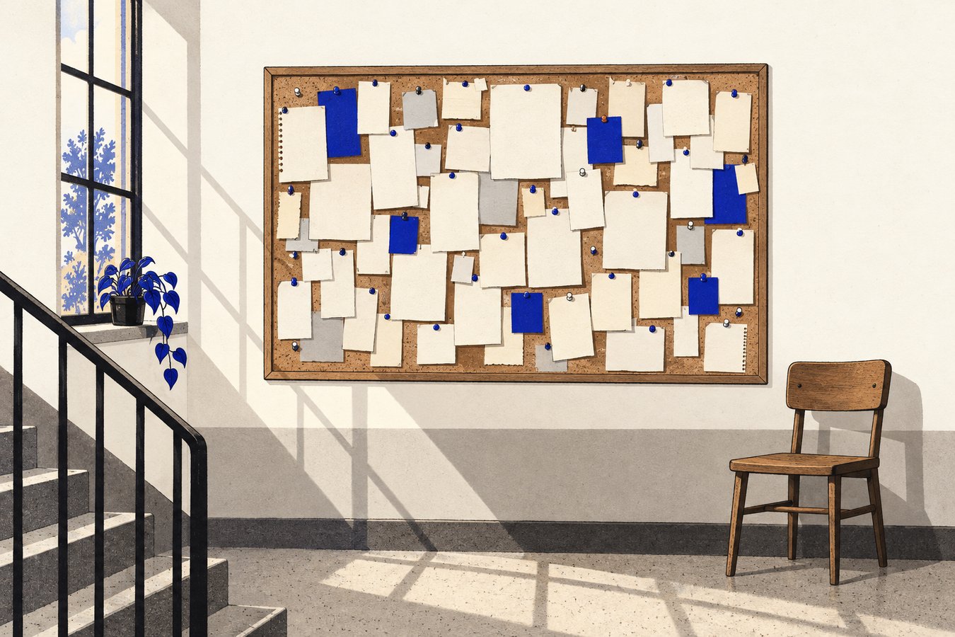 A cork bulletin board packed with blank pinned notices hangs in an office stairwell next to an empty wooden chair.