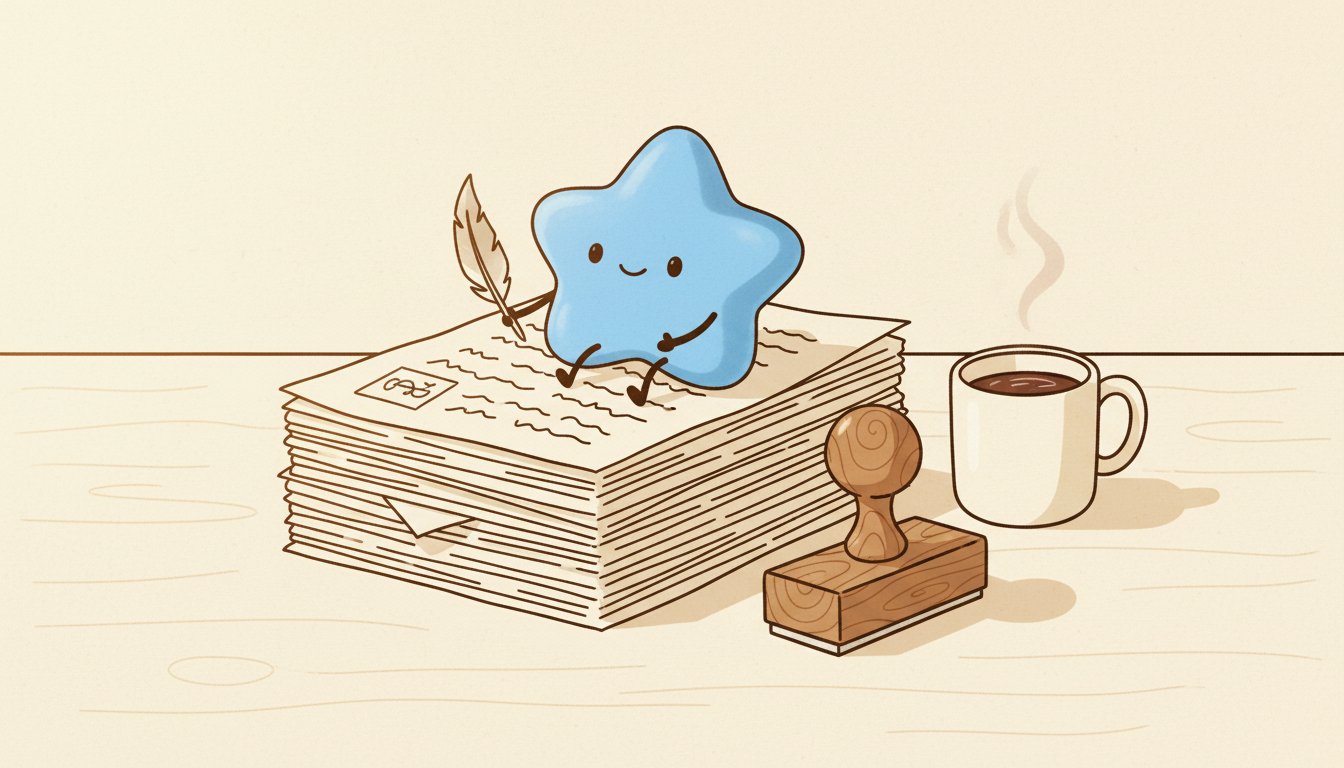A stack of paper drafts waiting next to an approval stamp and a mug on a founder's desk in early morning light.
