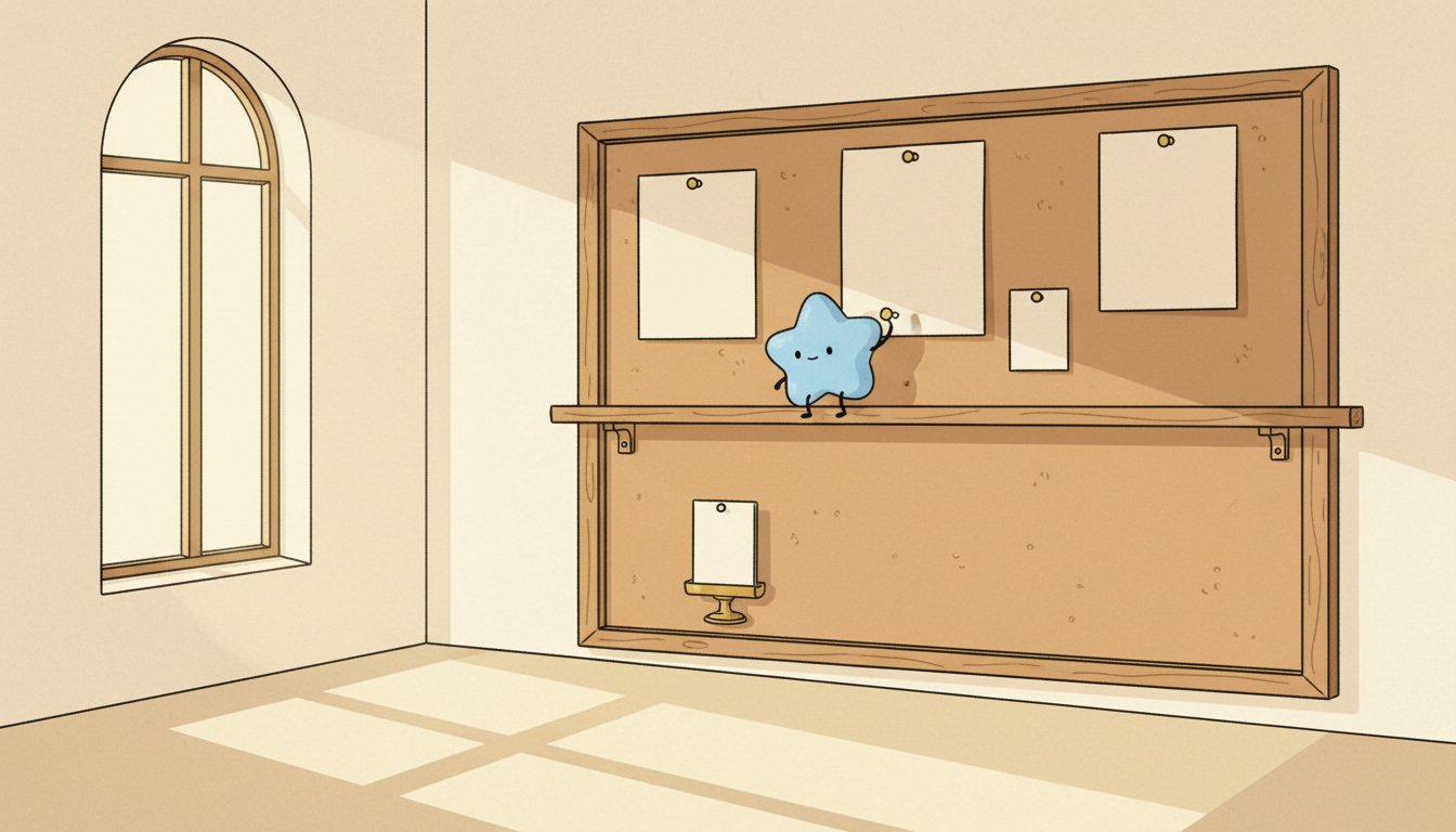 Illustration of a cork notice board divided by a wooden rail, blank pinned paper notices on one side and a single card in a brass holder on the other.