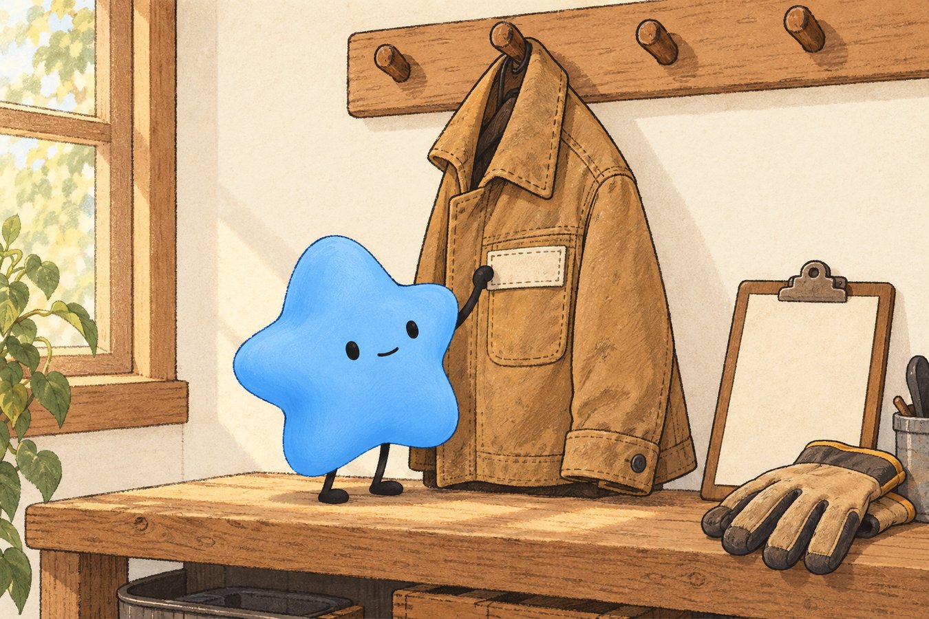A canvas work jacket with a blank cloth name tag hangs on a wooden peg rail in a workshop entryway, beside an empty clipboard and a pair of gloves.